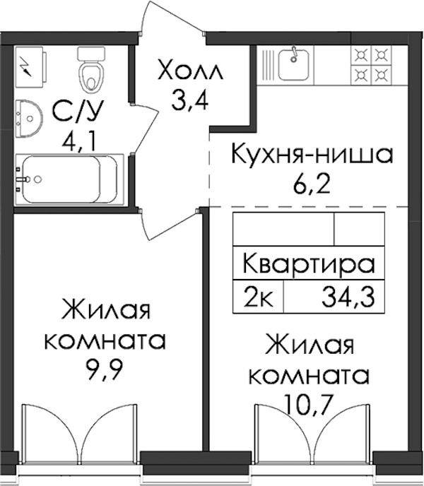 1-комнатная квартира 34.3 м², 4/9 эт., ЖК «Лермонтовский 54»